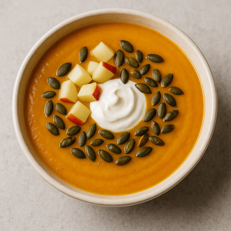 Hjemmelavet Hokkaido suppe med cremefraiche, æblestykker og ristede græskarkerner